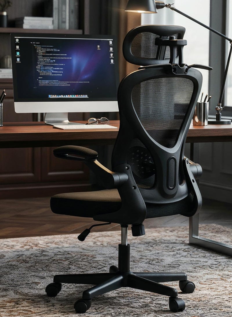 DROGO Premium Ergonomic Office Chair for Work from Home, High Back Computer Chair with Mesh, Flip-up Armrest, Headrest, Recline, Adjustable Seat & Lumbar Support | Mesh Chair for Office Black - Image 1